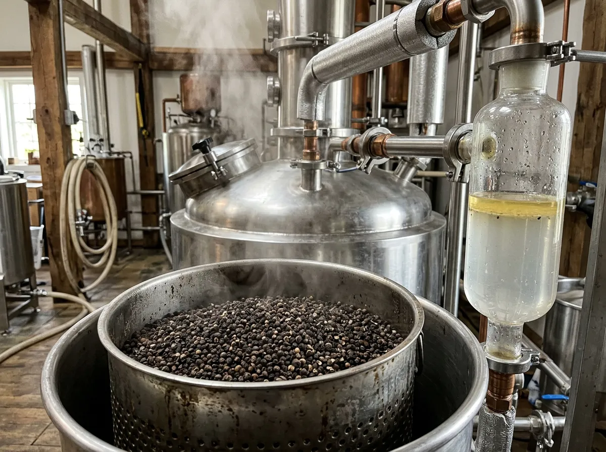 Coarse-cracked peppercorns in an open still with steam rising